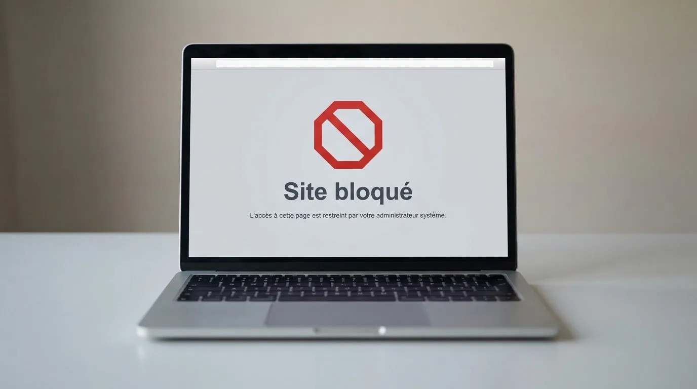 a browser window showing a generic « site blocked » error page on a laptop