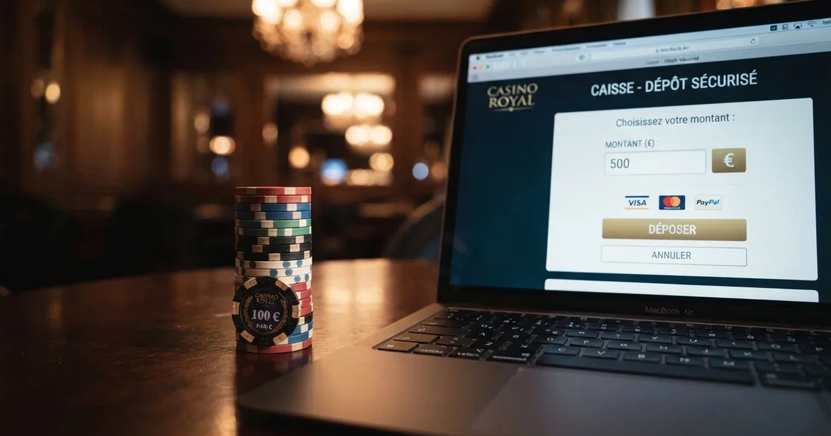 close crop of a euro-coin stack of ten one-euro coins next to a laptop showing an online casino cashier deposit screen