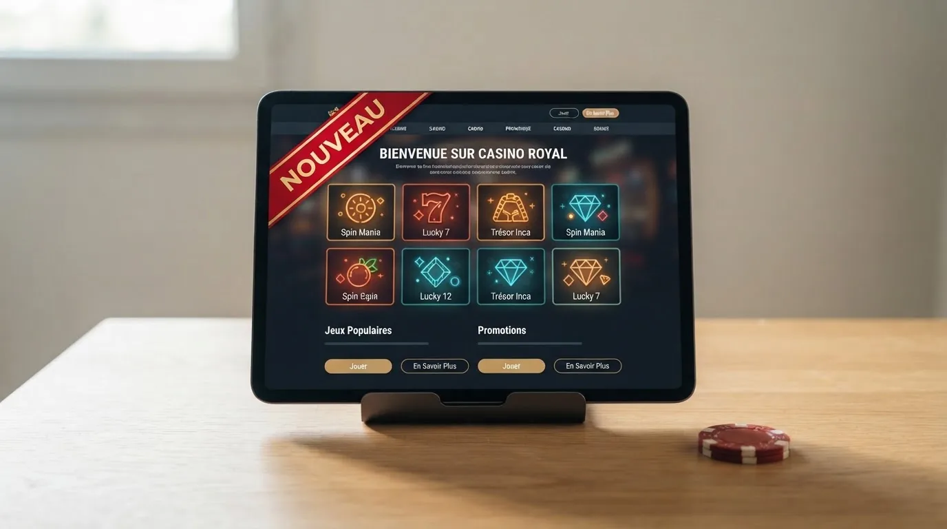 a « new » ribbon banner over a generic casino homepage mockup on a tablet screen